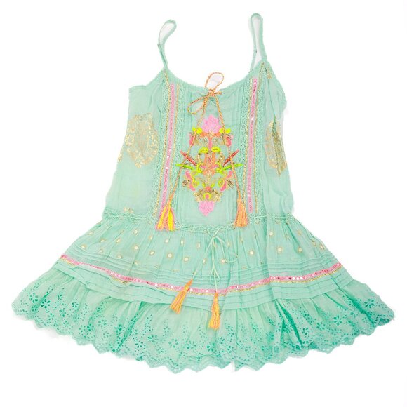 Boho Embellished Aqua Blue Sun Dress with tassels and embroidery Cotton Size S - Picture 6 of 13